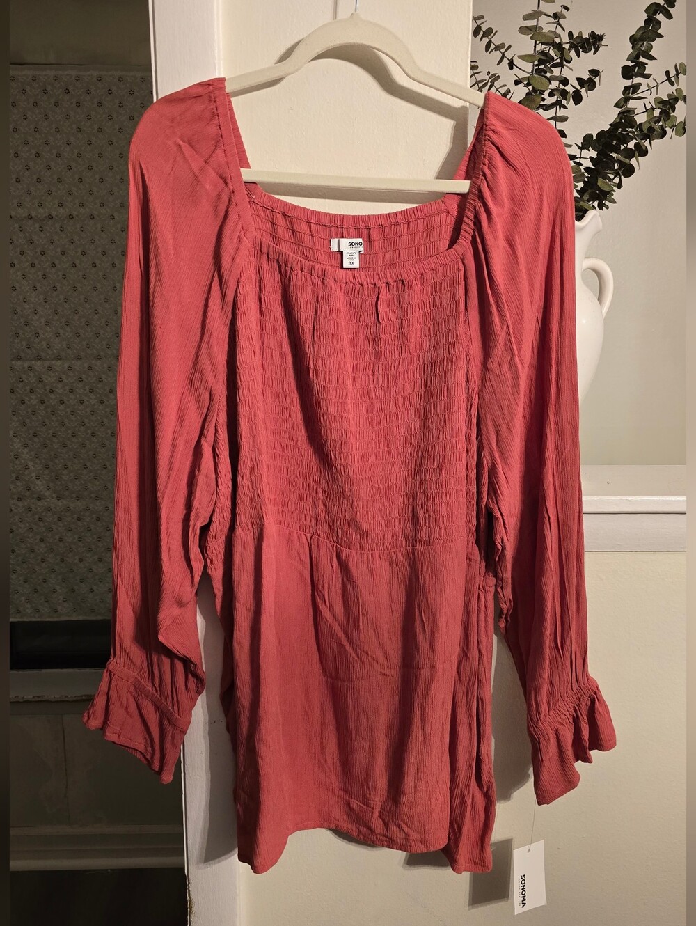 Sonoma Coral Pink Long-Sleeve Smocked Peasant Tunic